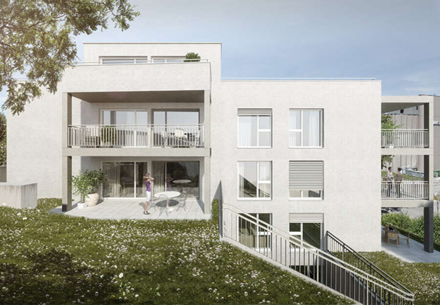 Orlando Architektur Neubau Mehrfamilienhaus Bahnhofstrasse Spreitenbach 1 Längsfassade